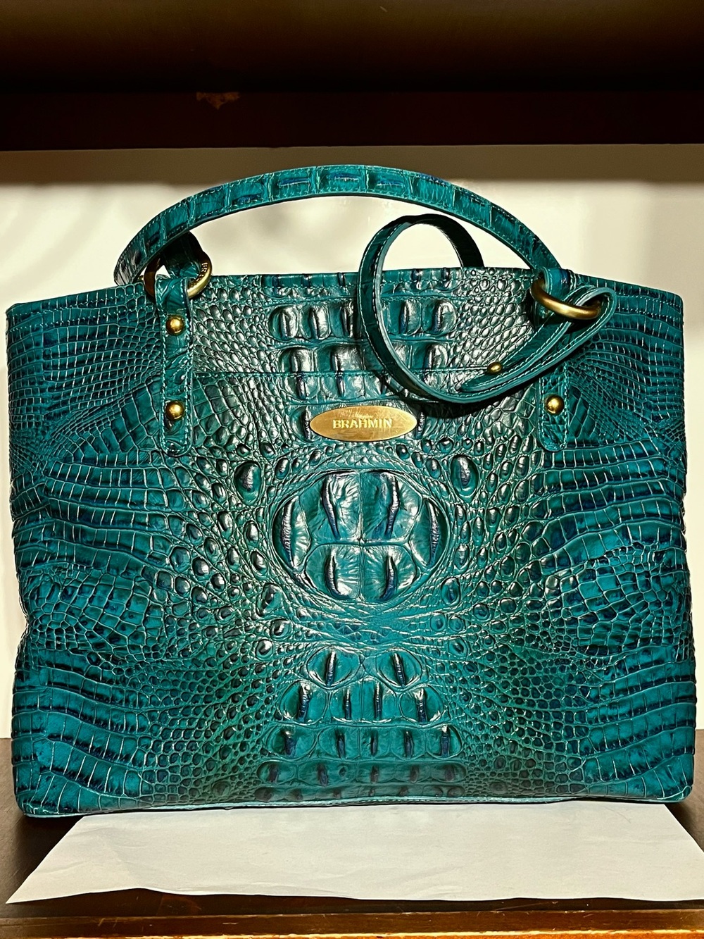 Brahmin Teal Croc-Embossed Leather Tote